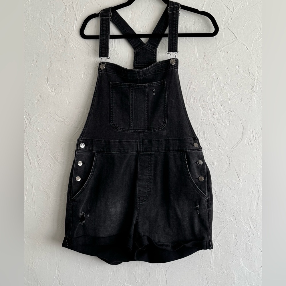 Black Light-Washed Short Overalls